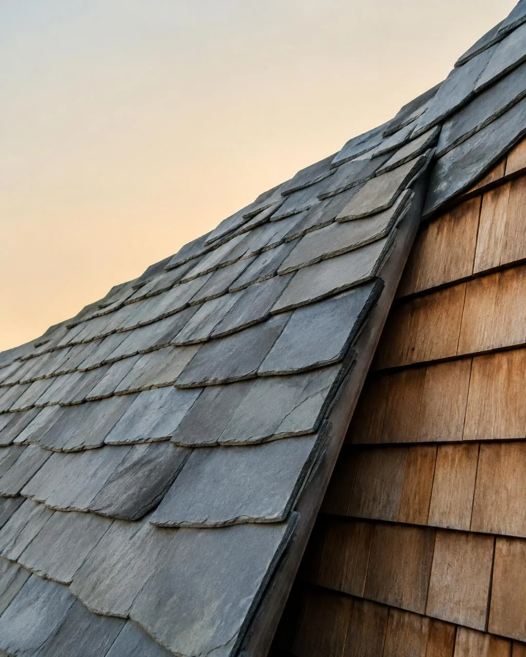 Slate roof tiles meeting cedar shake siding