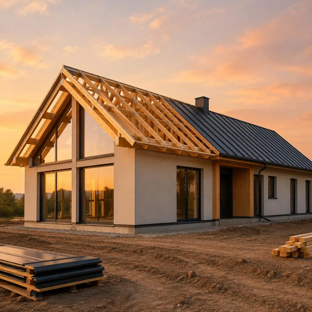 New home with timber roof trusses and fresh metal roofing
