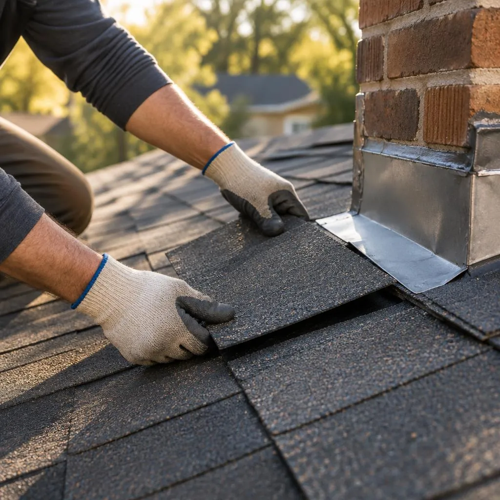 Gloved hands replacing a shingle beside chimney flashing