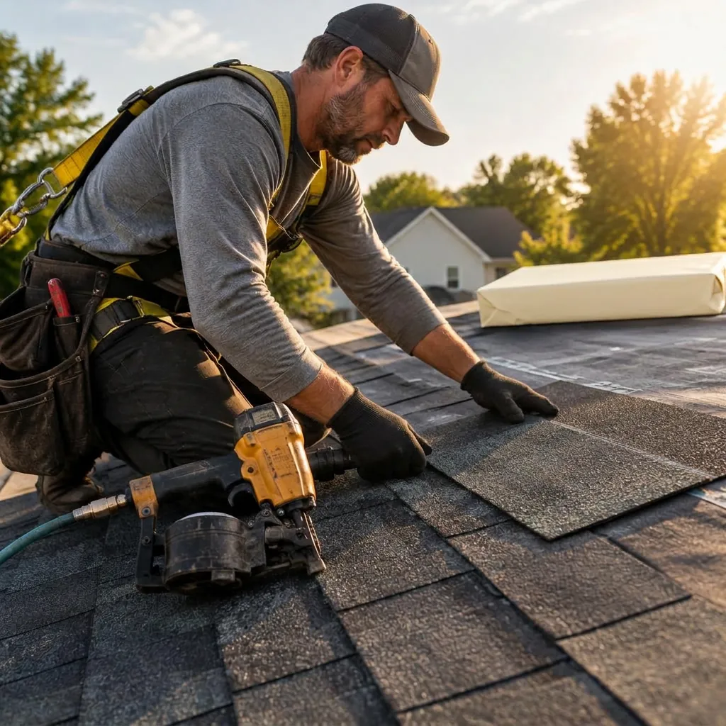 Roofer installing new shingles