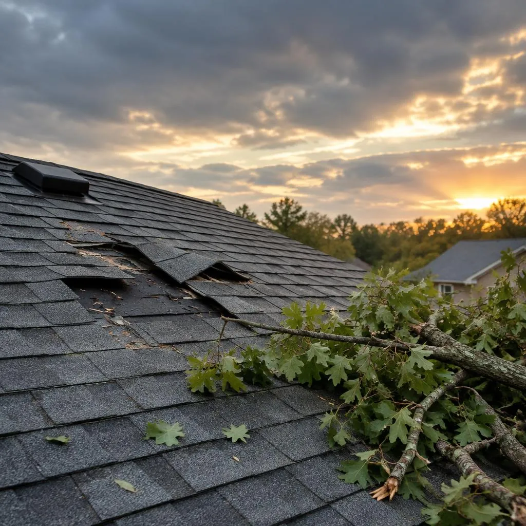 Storm-damaged shingles with a fallen branch