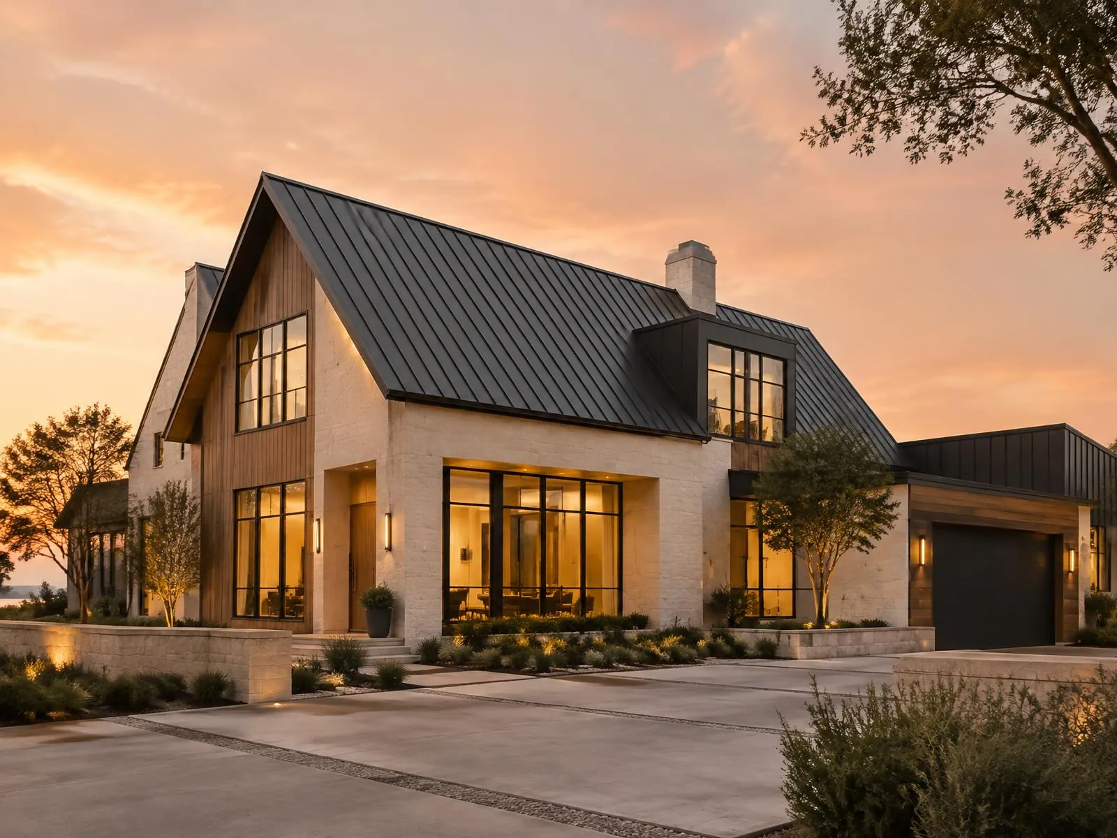 Modern home with a dark standing-seam metal roof at golden hour